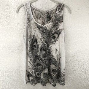 Forever 21 White and Gray Sleeveless Tank Top with Peacock Graphics and Sequins